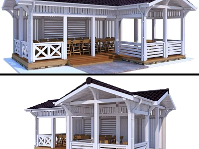 Outdoor White Pavilion Design With Wooden Floor Dark Roof And Tables 3d model