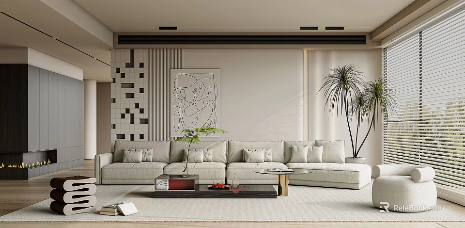 Modern Minimalist Living Room Interior With Light Gray Sofa Geometric Wall Art And Palm Plants 3d model 