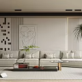 Modern Minimalist Living Room Interior With Light Gray Sofa Geometric Wall Art And Palm Plants