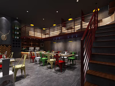 Modern Two Story Restaurant Interior With Colorful Chairs Staircase And Pendant Lights 3d model