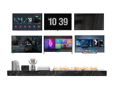 Various TVs Displaying Time Apps And Scenes On Marble Stand With Trophy And Books 3d model