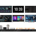Various TVs Displaying Time Apps And Scenes On Marble Stand With Trophy And Books