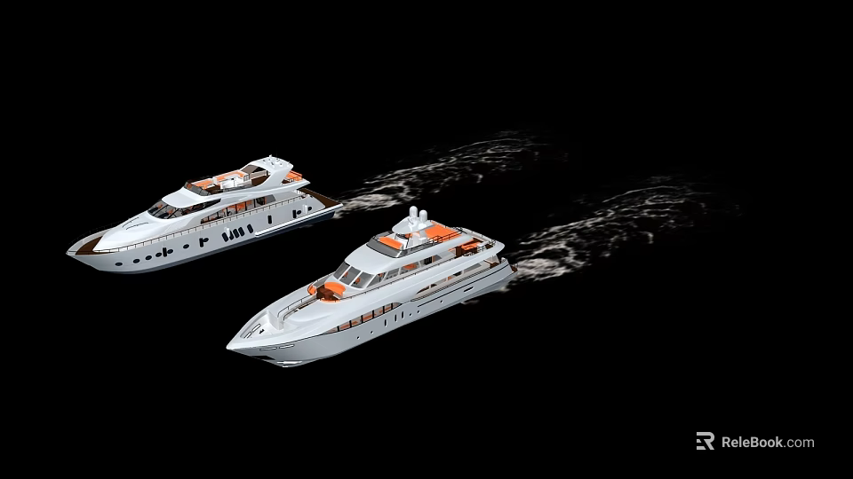 Two White Warships With Orange Accents Sailing On Black Background Creating Wake Trails 3d model 