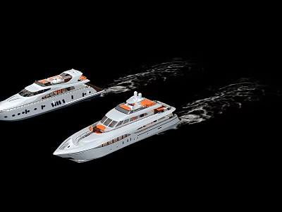 Two White Warships With Orange Accents Sailing On Black Background Creating Wake Trails 3d model