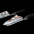 Two White Warships With Orange Accents Sailing On Black Background Creating Wake Trails