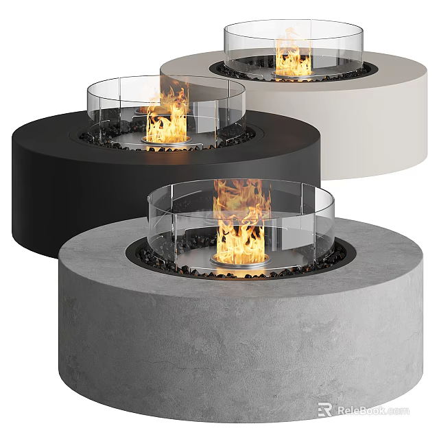 Modern Round Fireplaces With Glass Shields Flames And Decorative Stones 3d model 