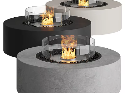 Modern Round Fireplaces With Glass Shields Flames And Decorative Stones 3d model