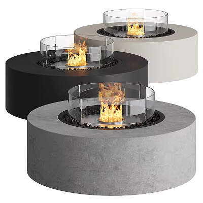 Modern Round Fireplaces With Glass Shields Flames And Decorative Stones 3d model