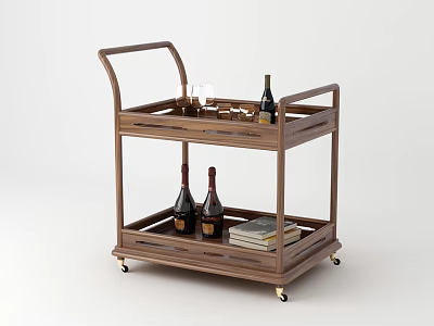 Wooden Two Tier Side Table With Wheels Holding Wine Bottles Glasses And Books 3d model