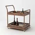 Wooden Two Tier Side Table With Wheels Holding Wine Bottles Glasses And Books