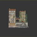 Cartoon Scene With Colorful Buildings Red Roofs Square Tables Chairs And Fountain