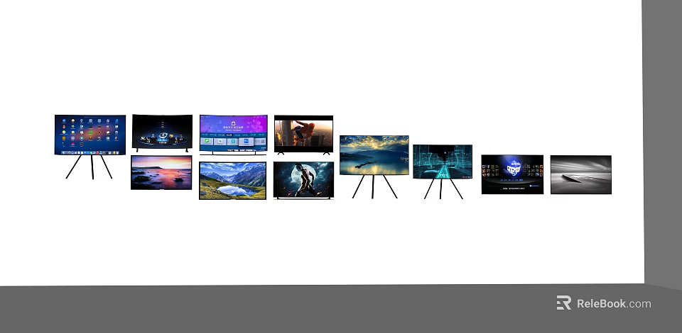 Various Modern Televisions Displaying Scenery Night Views And Abstract Patterns With Different Sizes And Styles 3d model