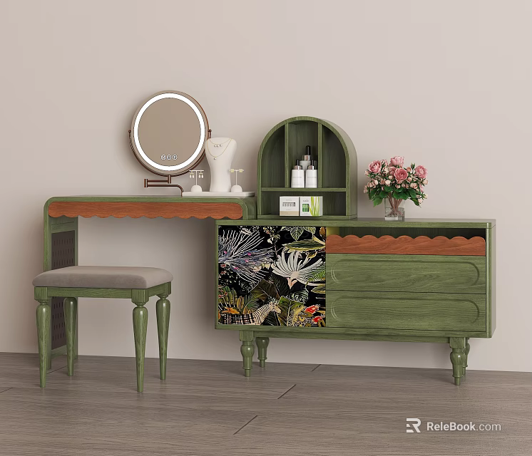 Green Vanity With Round Mirror Stool Floral Pattern Drawers Cosmetics and Flower Vase 3d model 