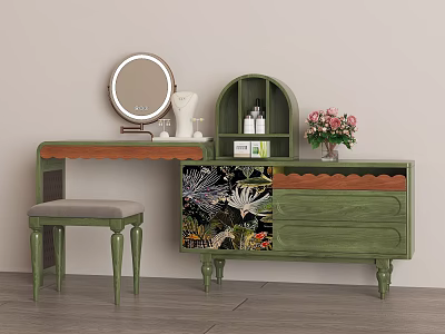 Green Vanity With Round Mirror Stool Floral Pattern Drawers Cosmetics and Flower Vase 3d model