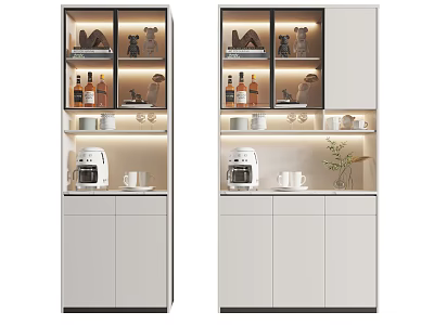 Modern Wine Cabinet With Glass Doors And Wine Bottles Decorative Items Coffee Machine And Cups 3d model