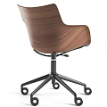 Modern Office Chair With Wooden Backrest Black Leather Seat And Swivel Base