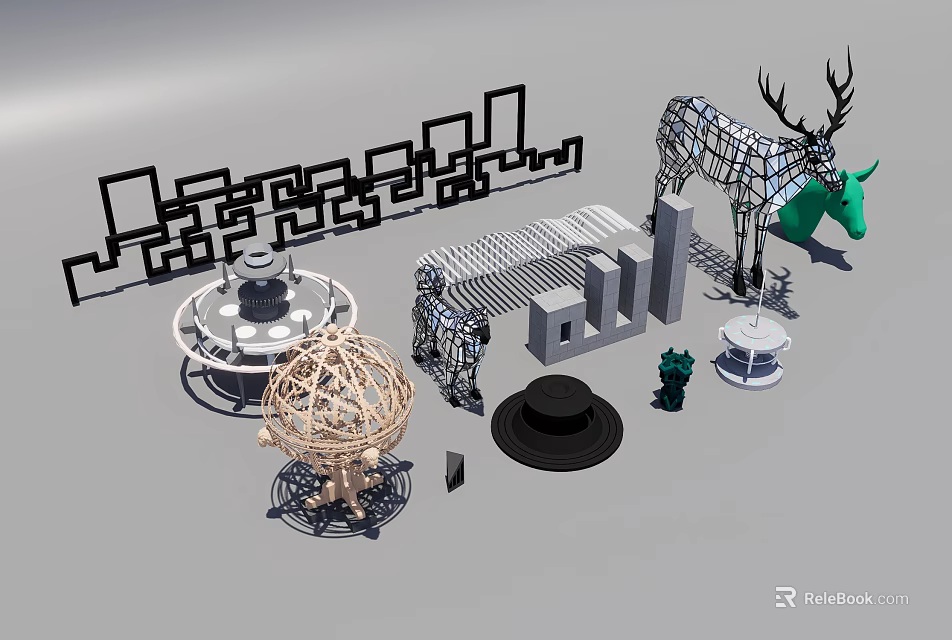 Artistic Carving Sculptures With Metal Frames Abstract Shapes And Woven Art Designs 3d model 