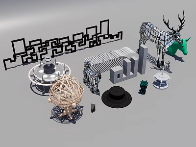 Artistic Carving Sculptures With Metal Frames Abstract Shapes And Woven Art Designs 3d model