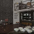 Traditional Chinese Specialty Store With Wooden Drawers Ceramic Bowls Teapot And Display Cabinets