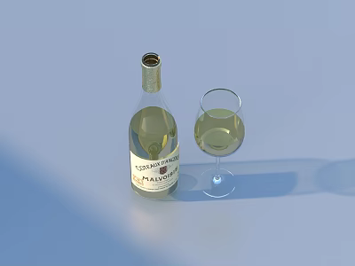 White Wine Bottle and Glass with Reflections on Light Blue Background 3d model