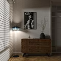 Wooden Entryway Console Table With Drawers Floor Lamp Vase And Wall Art Near Blinds