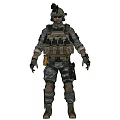 Man In Full Length View Wearing Camouflage Uniform Tactical Vest Helmet And Knee Pads