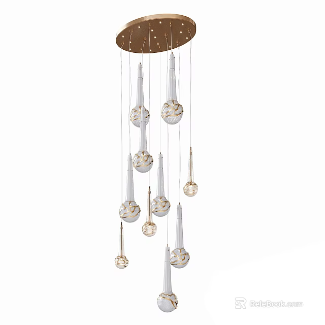 Modern Chandelier with Multiple Hanging White Spherical Lamps and Decorative Details 3d model 