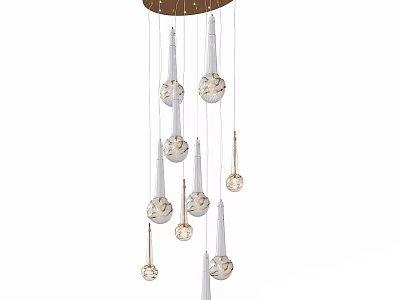 Modern Chandelier with Multiple Hanging White Spherical Lamps and Decorative Details 3d model