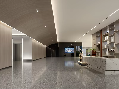 Modern Front Desk Reception Area In Spacious Lobby With Marble Counter And Bookshelves 3d model