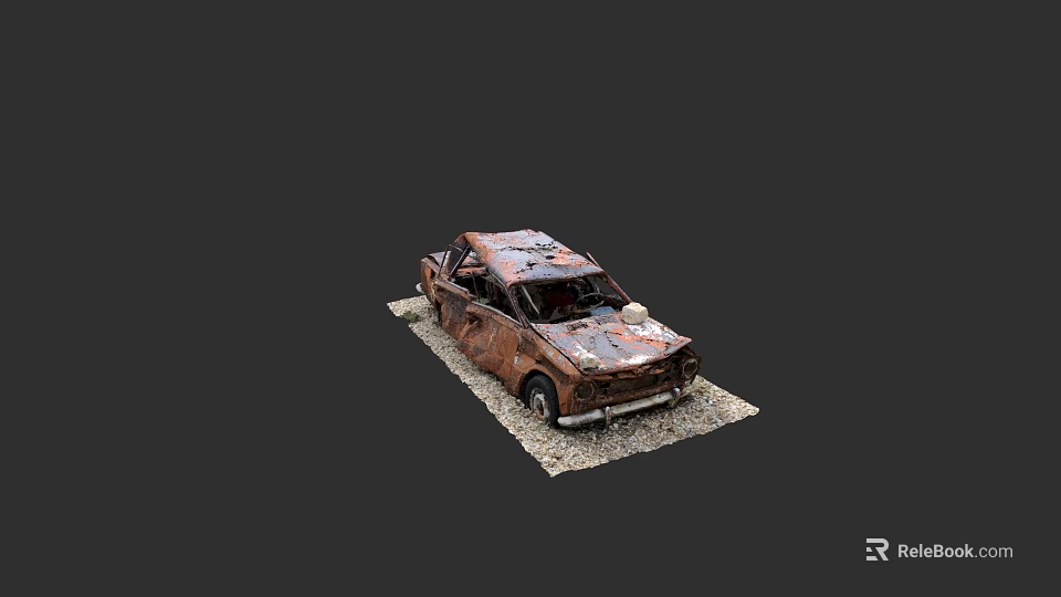 Rusted Abandoned Car With Worn Body On Gravel Ground In Dark Background 3d model 