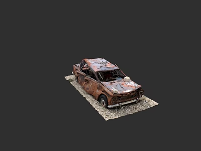 Rusted Abandoned Car With Worn Body On Gravel Ground In Dark Background 3d model