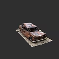Rusted Abandoned Car With Worn Body On Gravel Ground In Dark Background