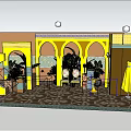 Elegant Yellow Banquet Hall With Arched Doors Green Plants Yellow Flowers And Patterned Carpet