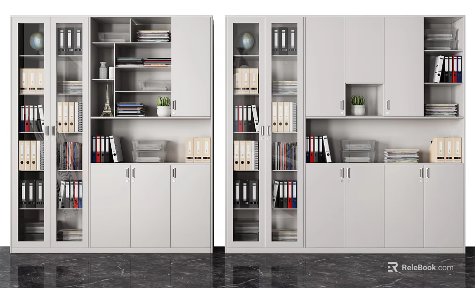 Modern White Bookcase With Glass Doors Storage Shelves Books And Decor Items 3d model 