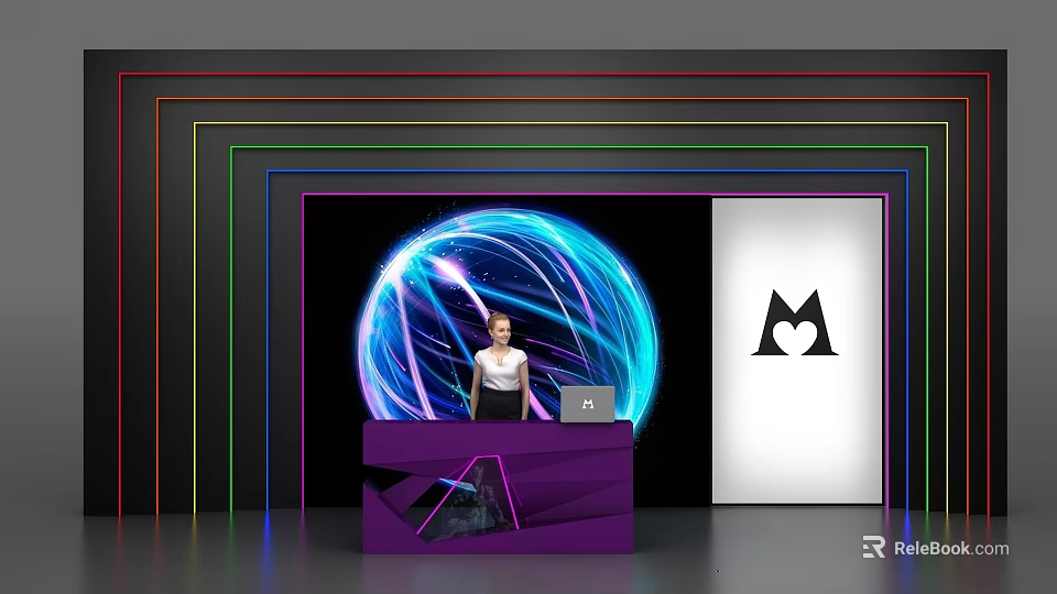 Purple Reception Desk With Standing Person Illuminated Blue Sphere Colorful Neon Borders White Logo 3d model 