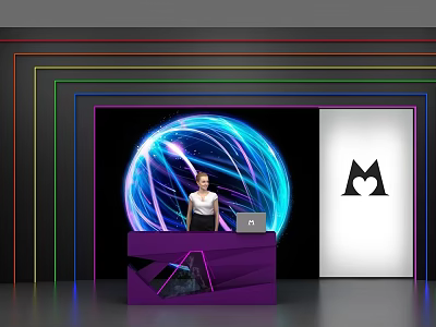 Purple Reception Desk With Standing Person Illuminated Blue Sphere Colorful Neon Borders White Logo 3d model