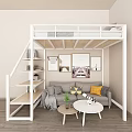 Modern Black Frame Bunk Bed with Lower Desk Chair and Wooden Storage Staircase