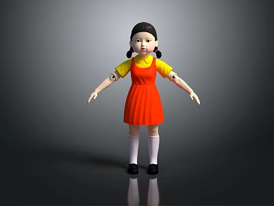 Modern Wooden Table Displaying Girl Doll In Red Dress Yellow Top And White Socks 3d model