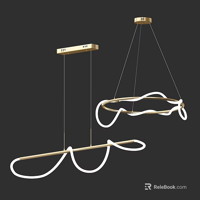 Modern Irregular Shaped Chandeliers With Gold Accents And Curved White Light Strips 3d model 