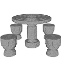 Decorative Stone Outdoor Table Round Surface With Carved Patterns And Matching Stools 3d model