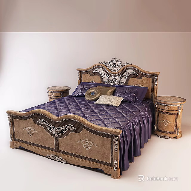 Elegant Double Bed With Ornate Carved Headboard Purple Bedspread And Bedside Tables 3d model 