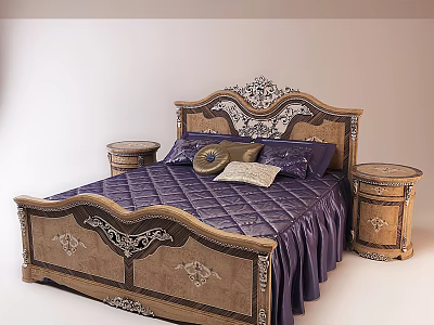 Elegant Double Bed With Ornate Carved Headboard Purple Bedspread And Bedside Tables 3d model
