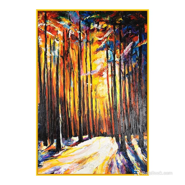Vibrant Forest Oil Painting With Tall Trees Sunlight And Snowy Path 3d model 