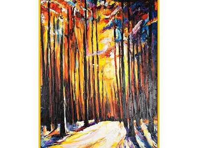Vibrant Forest Oil Painting With Tall Trees Sunlight And Snowy Path 3d model