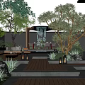 Modern Garden With Wooden Deck Outdoor Sofas Trees Plants Lighting And Connection To House