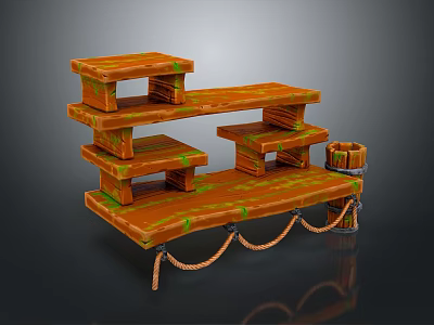 Rustic Wooden Multi Tiered Storage Shelf With Green Accents And Rope Decorations 3d model