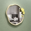 Irregular Shaped Wall Mirror With Yellow Flowers And Bedroom Reflection On Green Wall