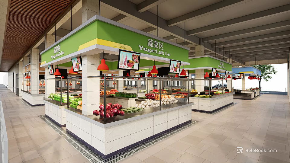 Supermarket Fresh Produce Section With Green Stalls Digital Screens And Assorted Fruits Vegetables 3d model 