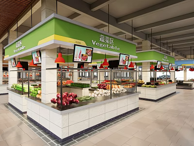 Supermarket Fresh Produce Section With Green Stalls Digital Screens And Assorted Fruits Vegetables 3d model