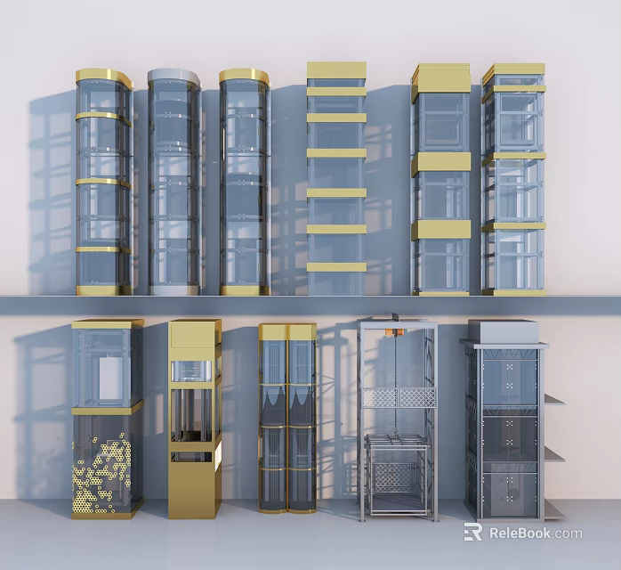 Modern Elevators With Glass Doors And Metal Frames In Various Styles 3d model 